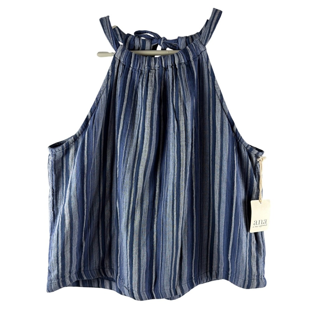 ana NEW Faye Stripe Blue Halter Tank Top 100% Cotton S Lined Summer Beach Light